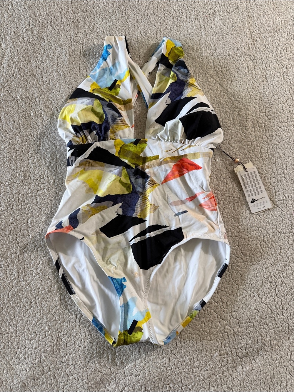 Calia Cutout Halter Collage Print White One-Piece Swimsuit Size 6 New